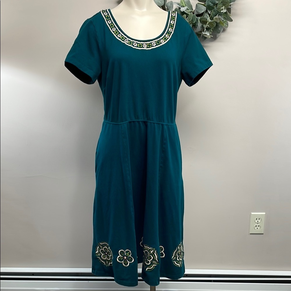 eShakti Custom Embroidered Short Sleeve Fit and Flare Pocket Midi Dress